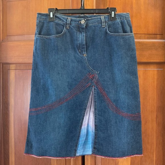Designer Denim Skirt - front slit has ombre cloth, back slit is open - size 10 - Picture 3 of 11